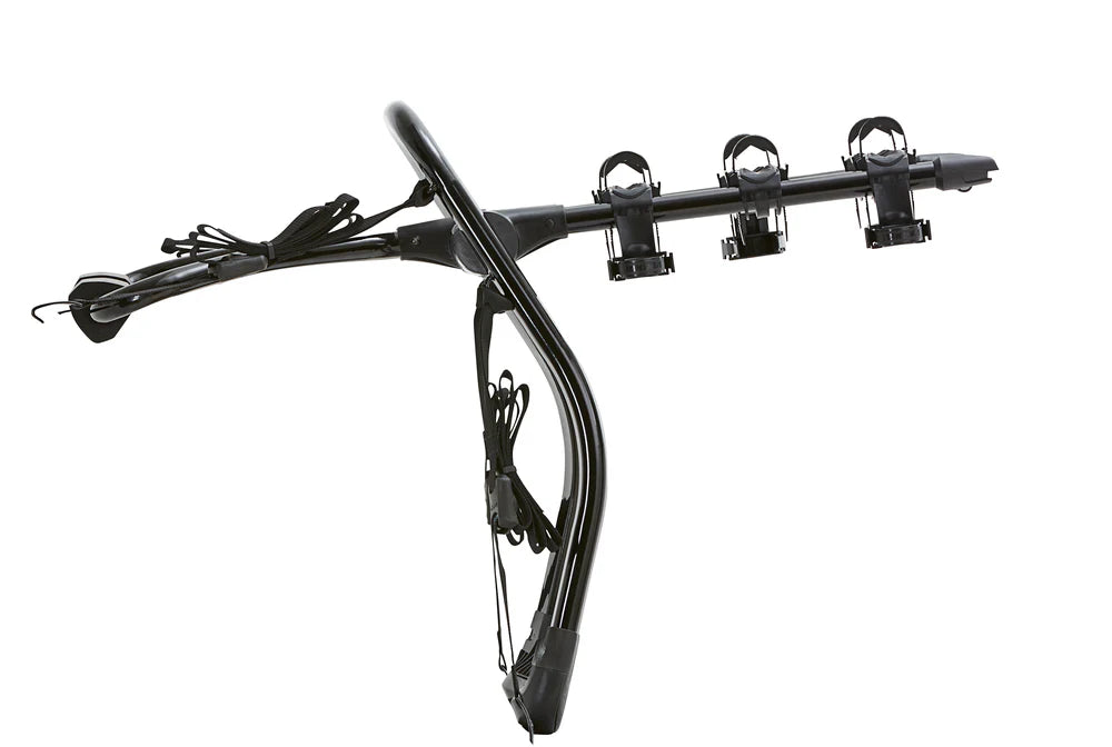 Black bike rack with multiple hooks on a white background