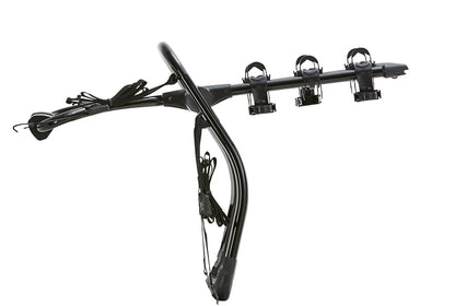 Black bike rack with multiple hooks on a white background