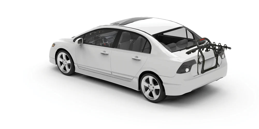 White car with a bike rack on a white background