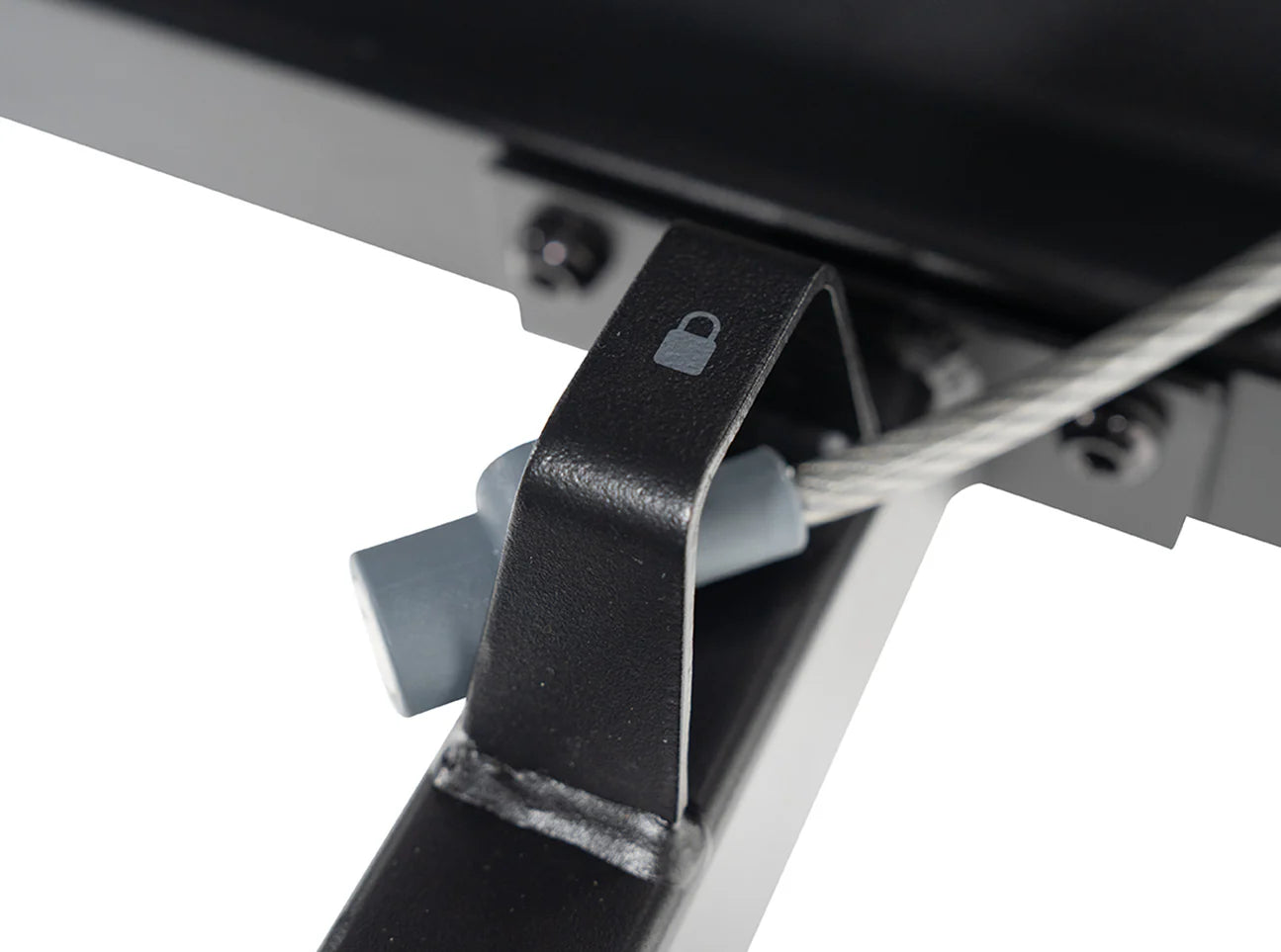 Close-up of a metal strap with a lock mechanism on a white background