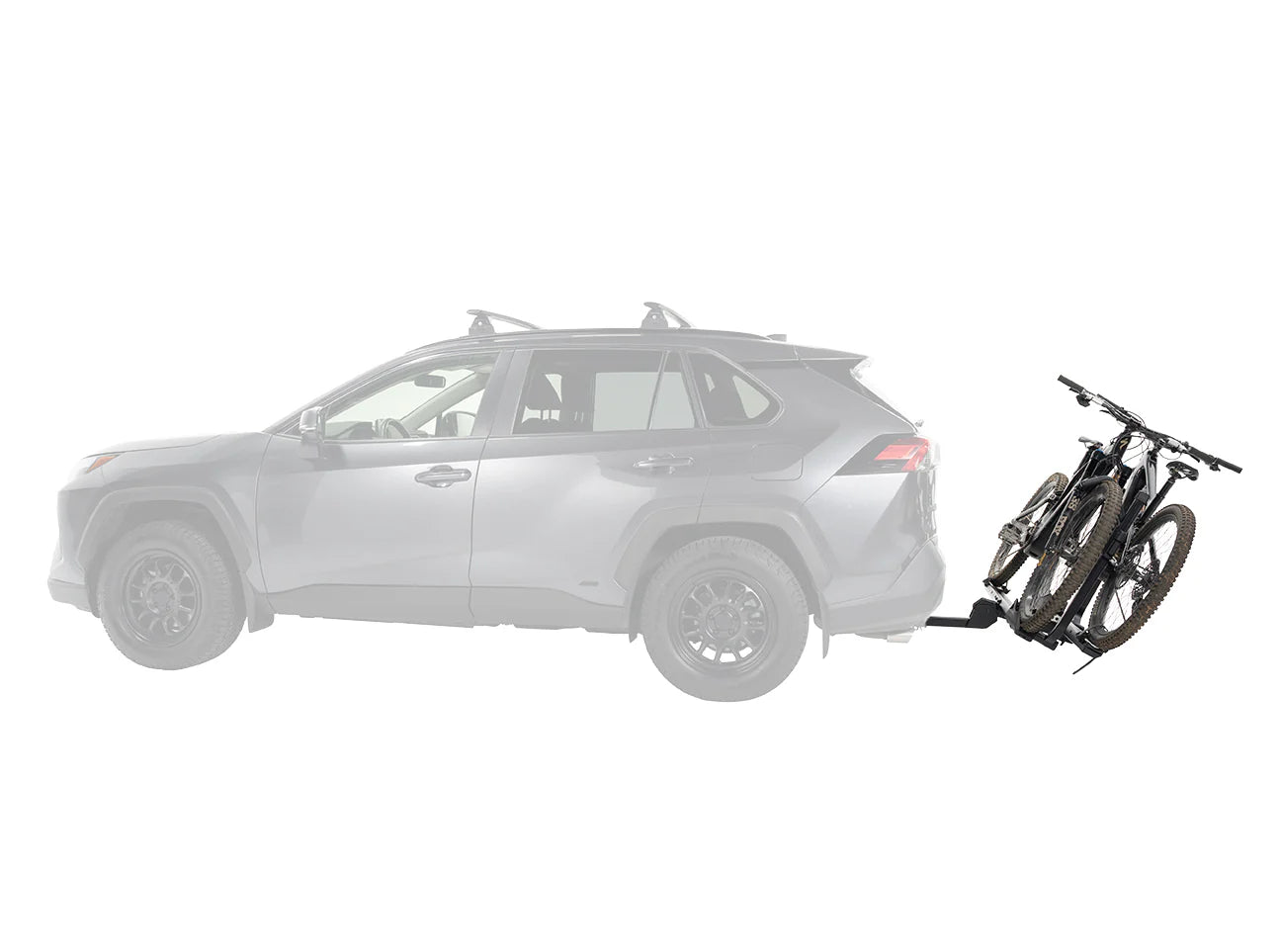 Car with a bike attached to a hitch on a white background