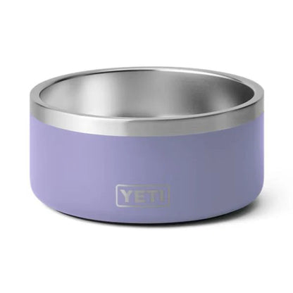 Purple YETI dog bowl with a silver rim on a white background
