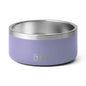 Purple YETI dog bowl with a silver rim on a white background