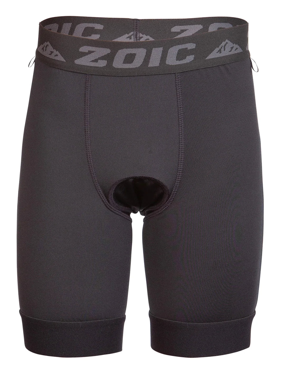 Black athletic shorts with 'Zoic' branding on a white background