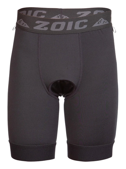 Black athletic shorts with 'Zoic' branding on a white background