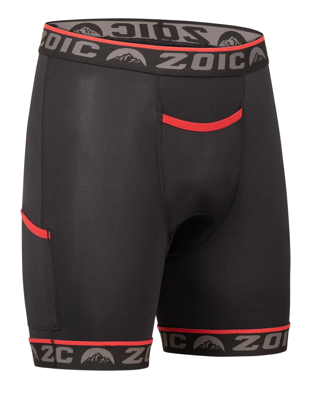 Black athletic shorts with red accents and ZOIC branding on a white background