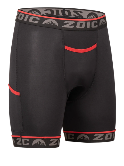 Black athletic shorts with red accents and ZOIC branding on a white background