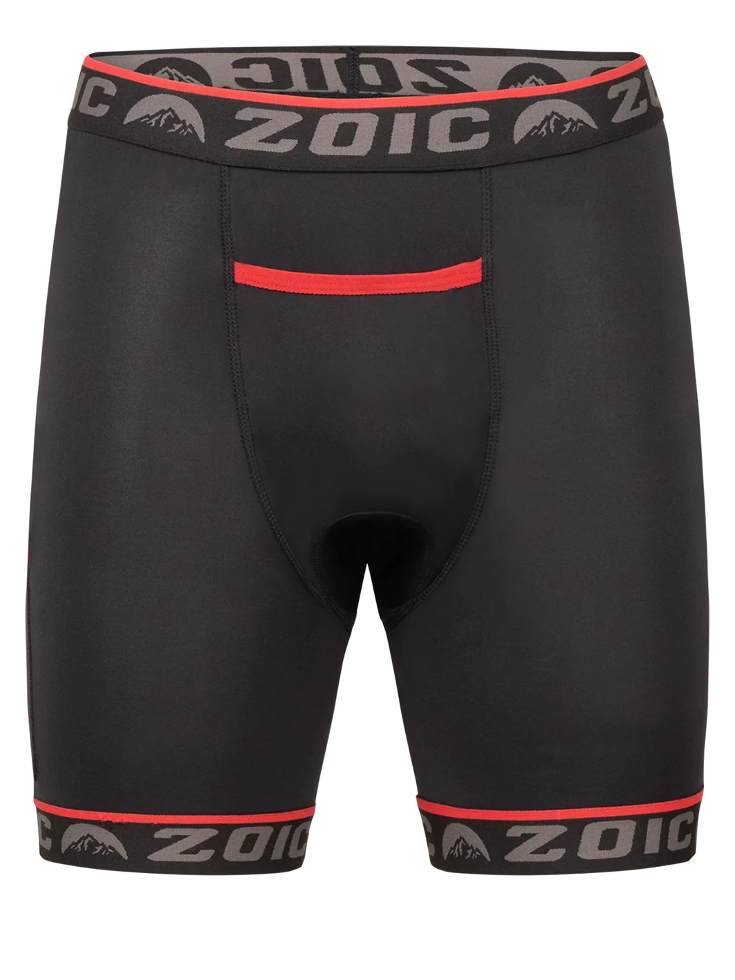 Black athletic shorts with red accents and 'Zoic' branding on a white background