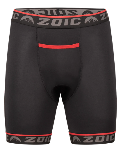 Black athletic shorts with red accents and 'Zoic' branding on a white background