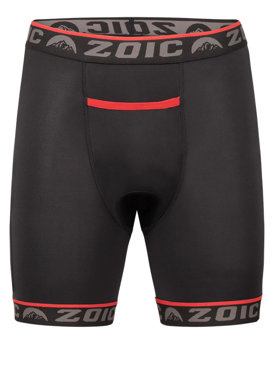 Black athletic shorts with red accents and 'Zoic' branding on a white background