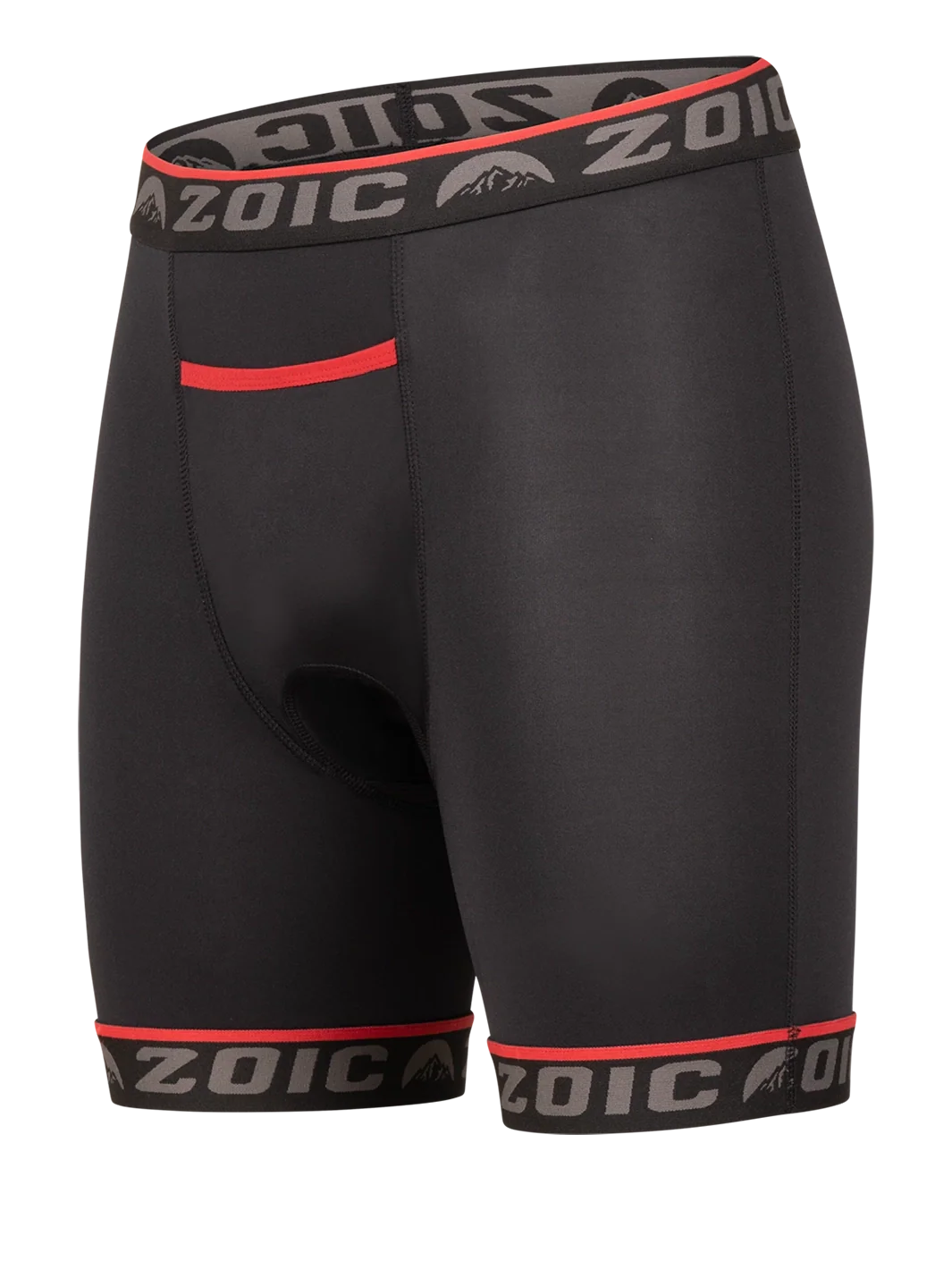 Black athletic shorts with red accents and 'Zoic' branding on a white background