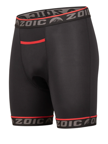 Black athletic shorts with red accents and 'Zoic' branding on a white background