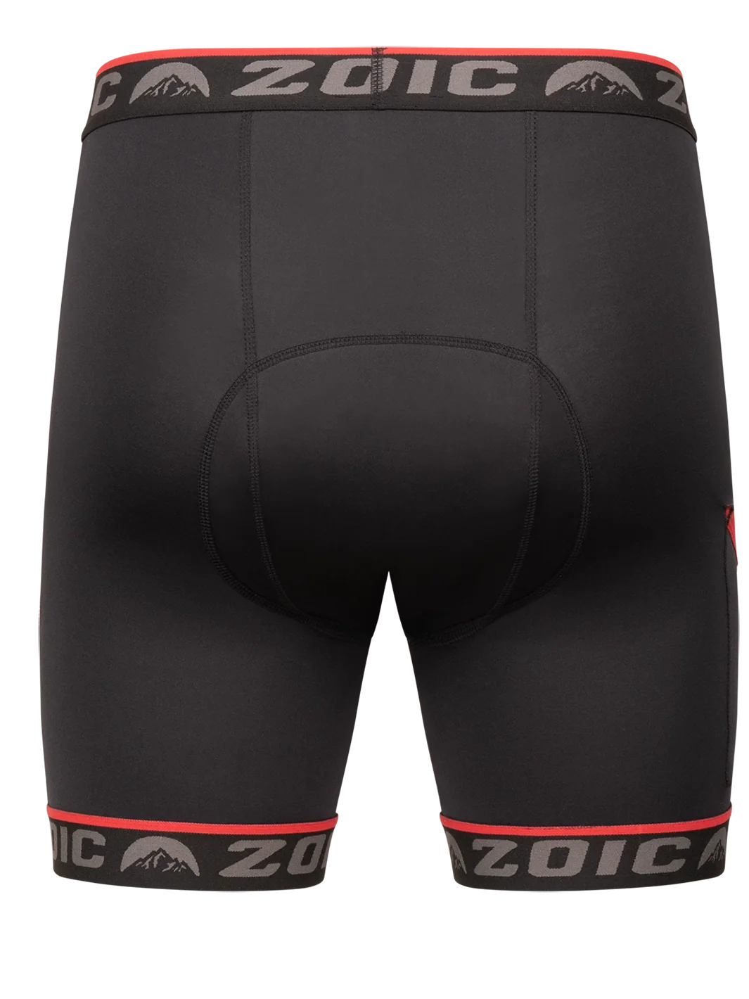 Black athletic shorts with red and white waistband on a white background
