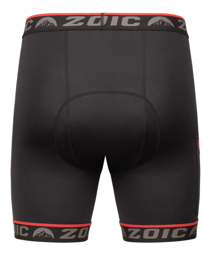Black athletic shorts with red and white waistband on a white background