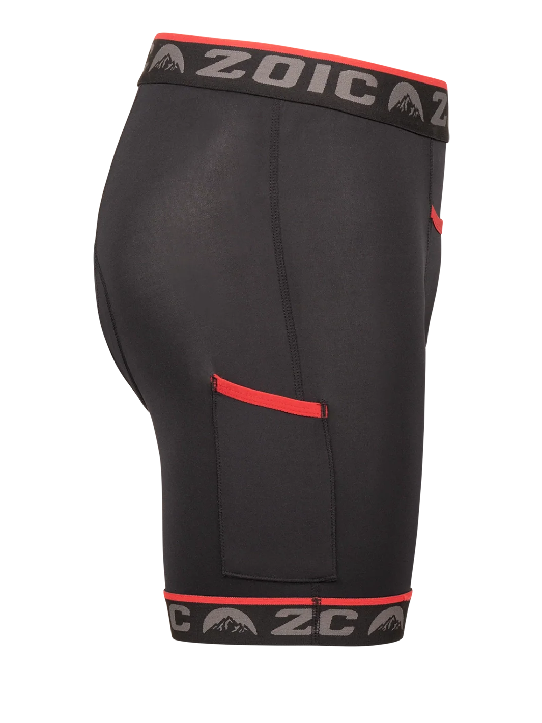 Black athletic shorts with red accents and 'Zoic' branding on a white background