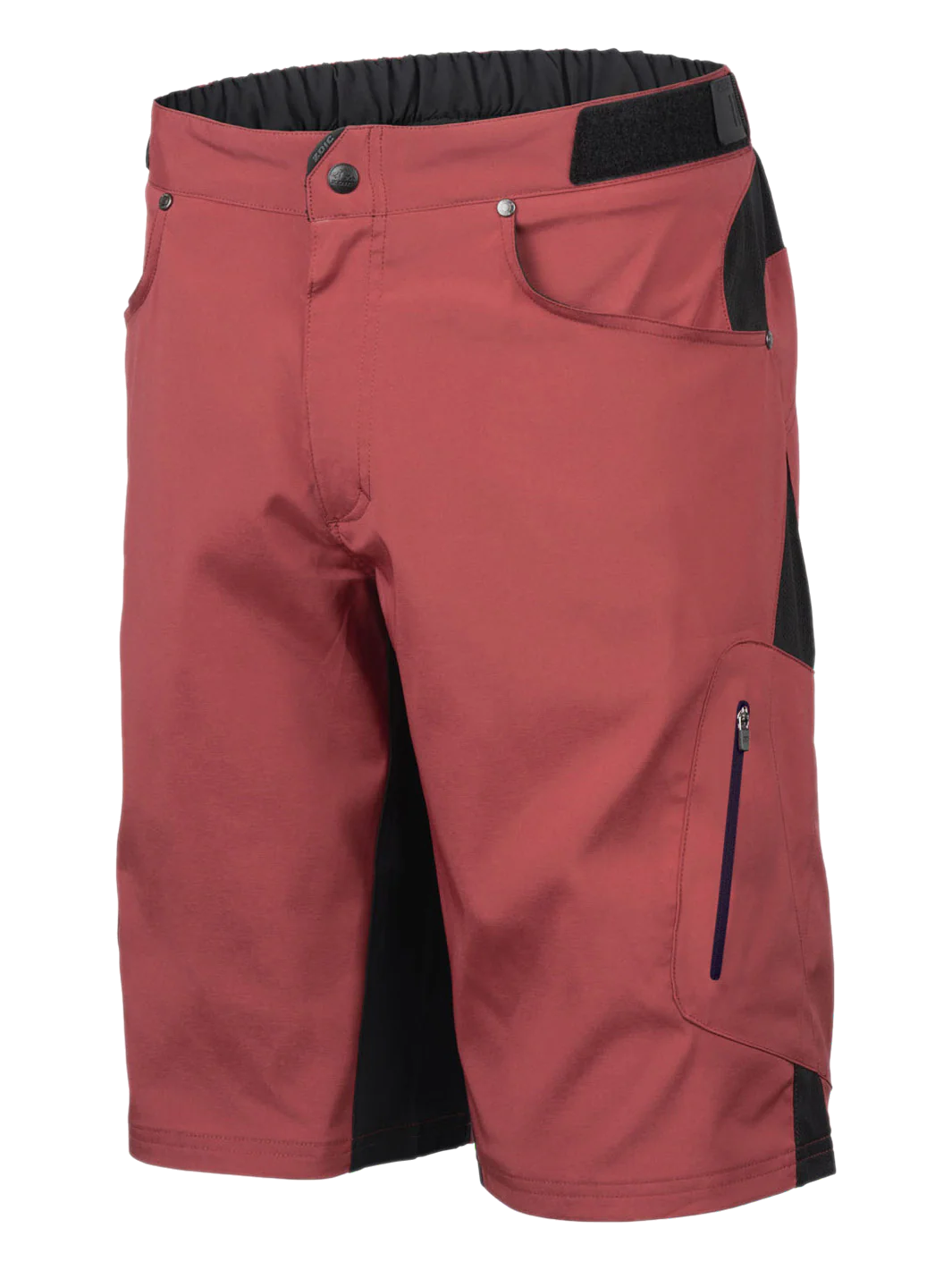 Red shorts with black accents on a white background
