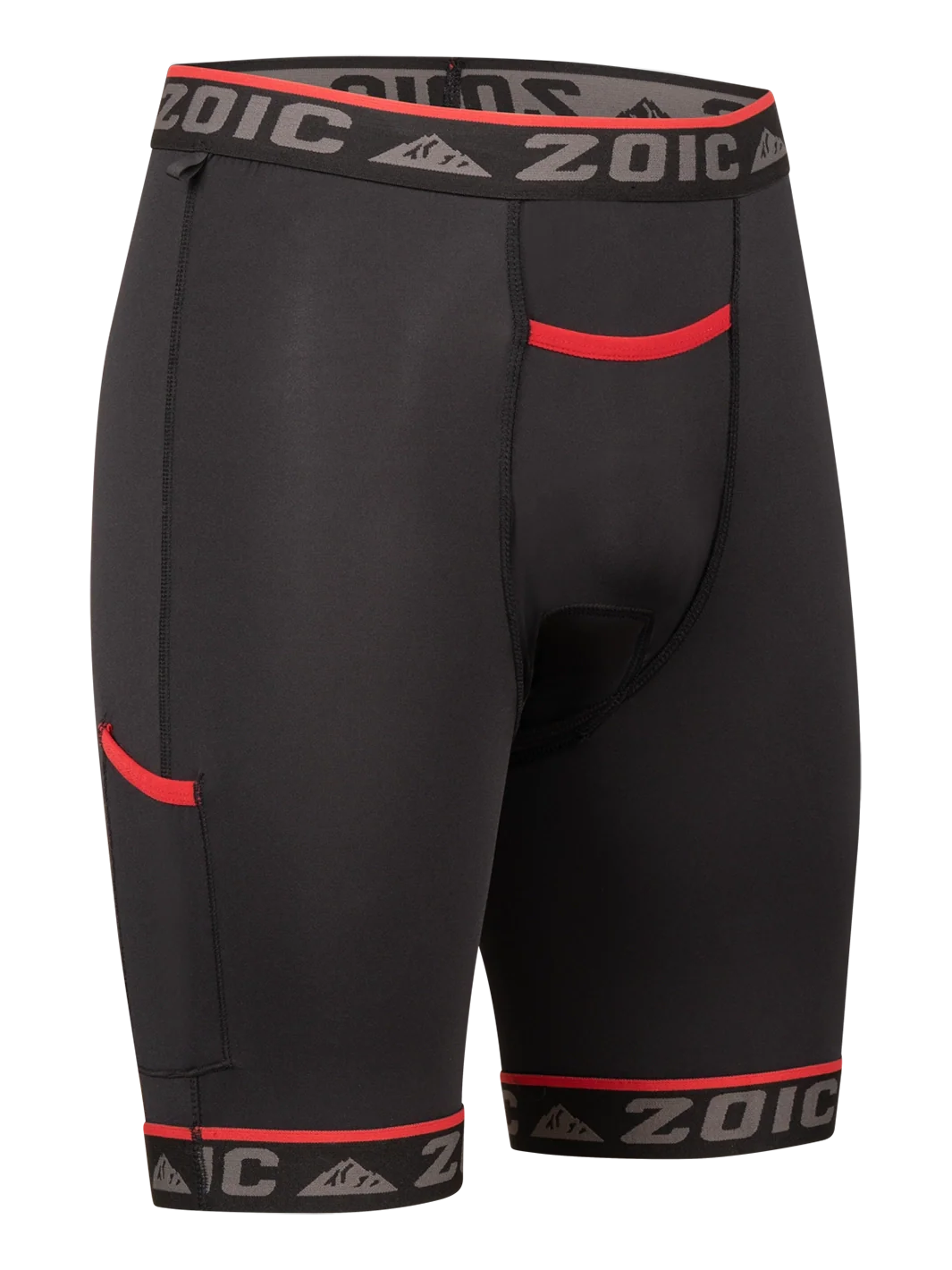 Black athletic shorts with red accents and 'Zoic' branding on a white background