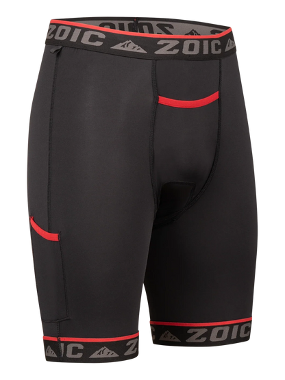 Black athletic shorts with red accents and 'Zoic' branding on a white background
