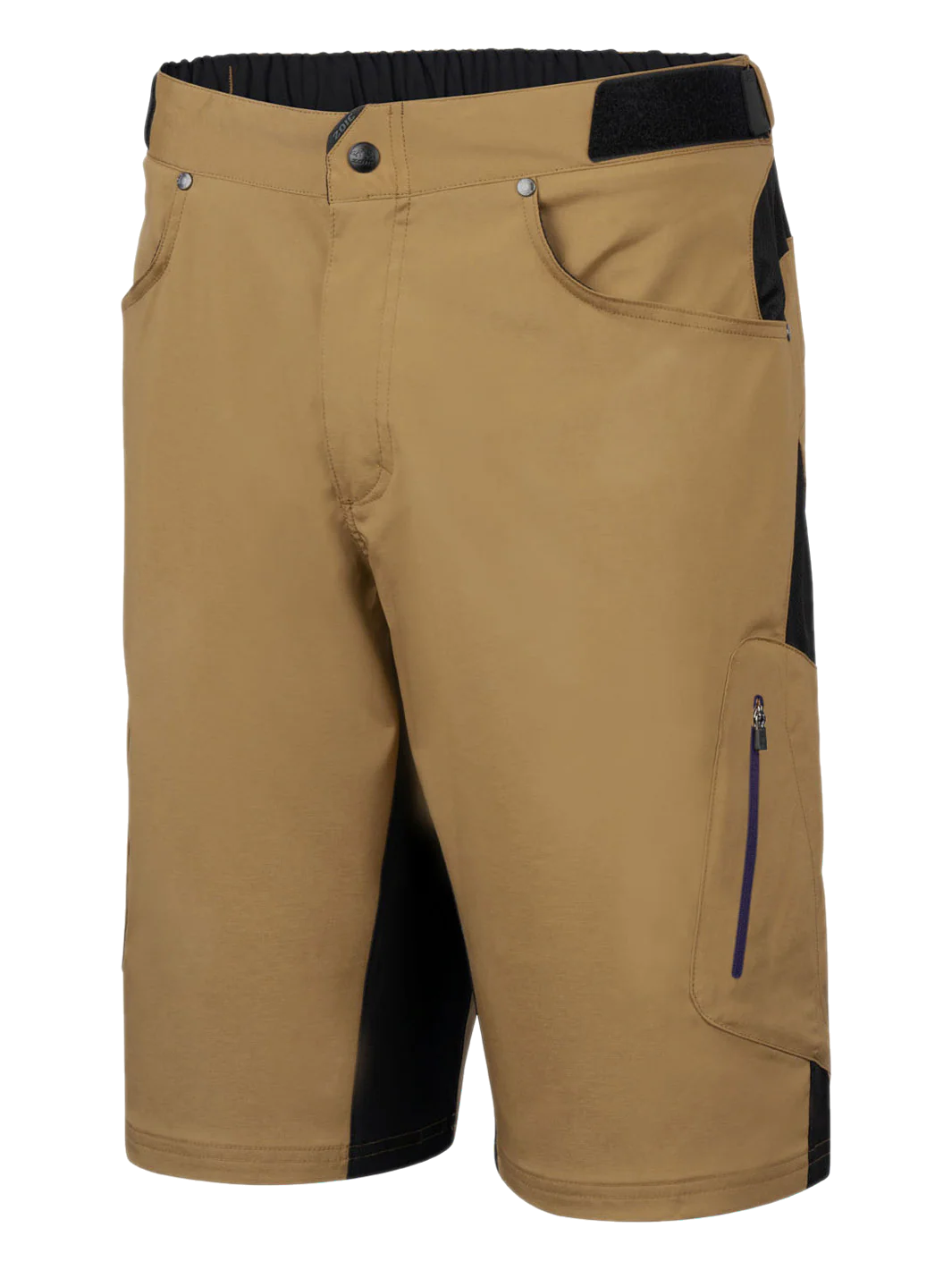 Tan shorts with black accents on a white background
