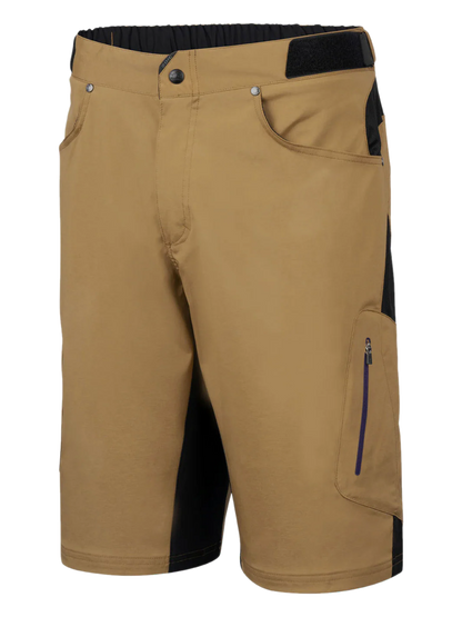 Tan shorts with black accents on a white background