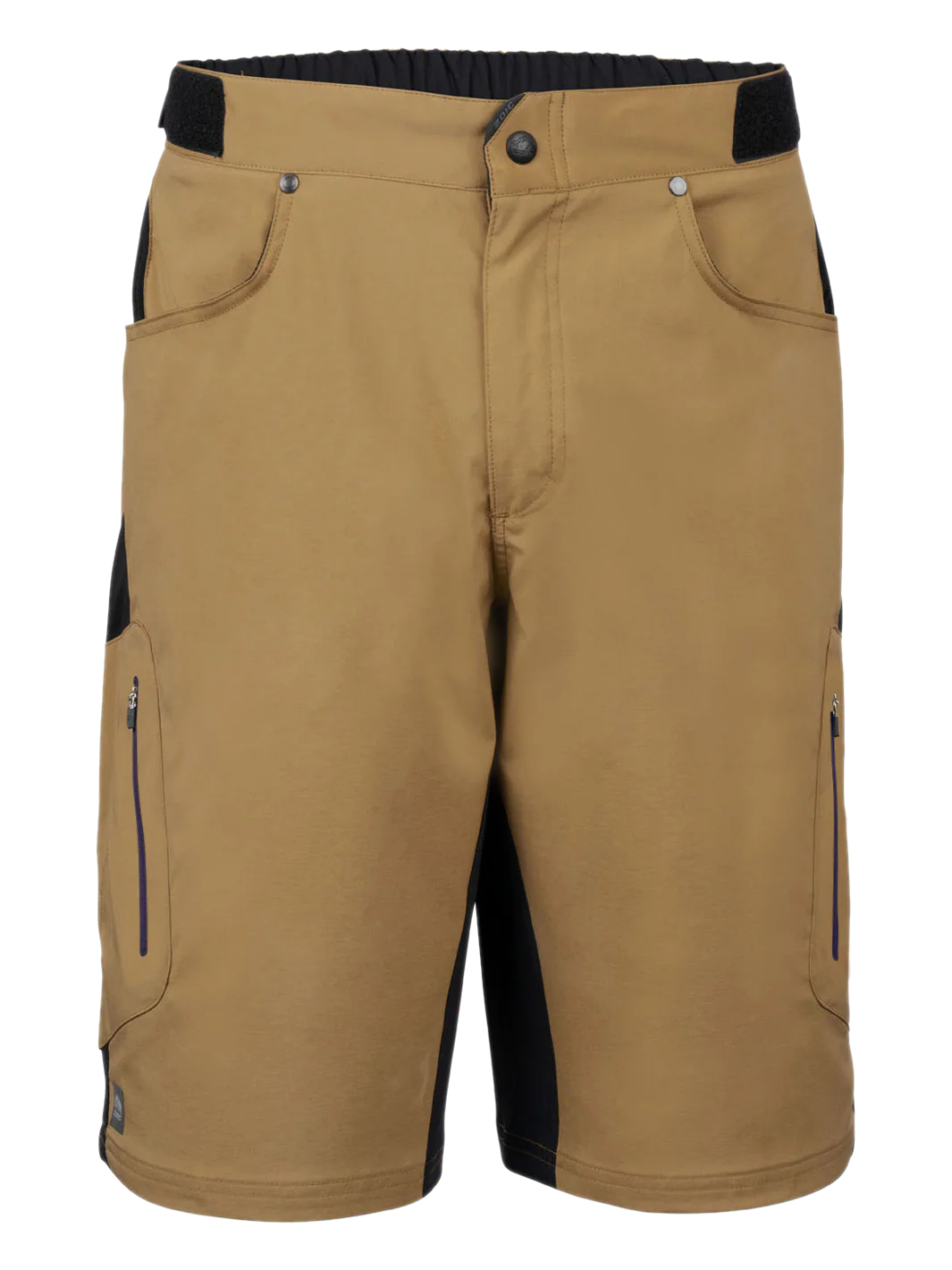 Tan shorts with black accents on a white background