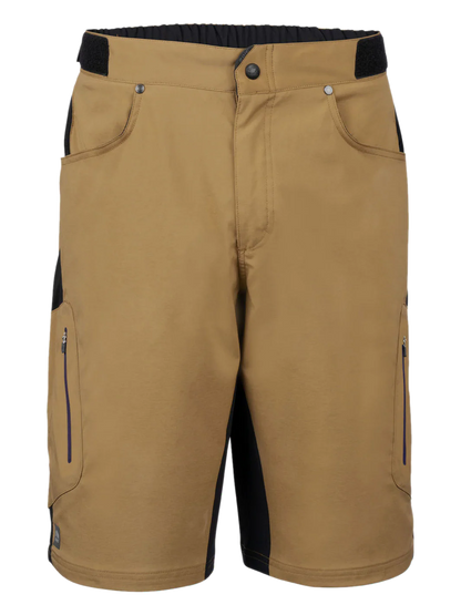 Tan shorts with black accents on a white background