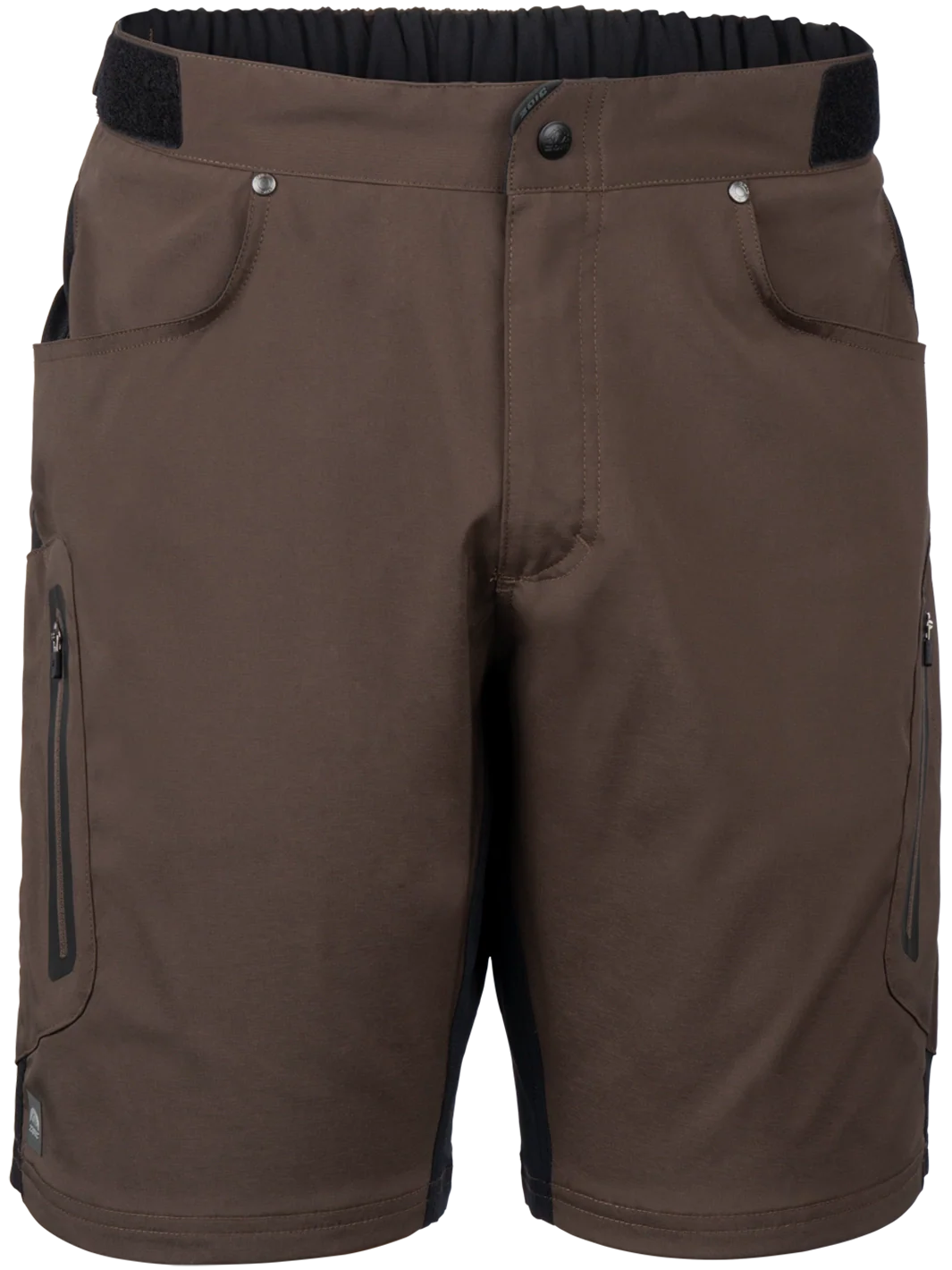 Brown shorts with black accents on a white background
