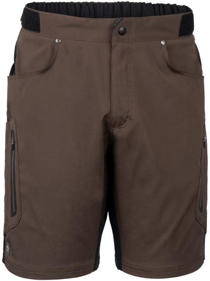 Brown shorts with black accents on a white background