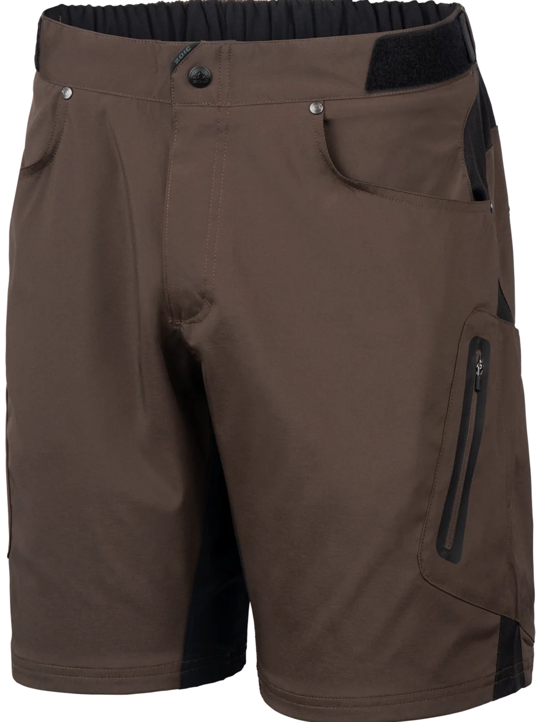 Brown shorts with black accents on a white background