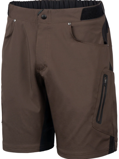 Brown shorts with black accents on a white background