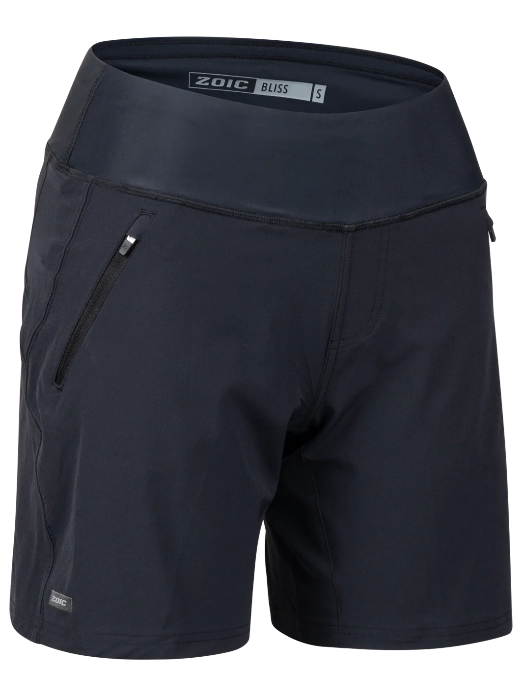 Black athletic shorts with a visible brand label on a white background