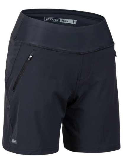 Black athletic shorts with a visible brand label on a white background