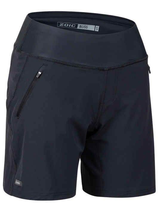 Black athletic shorts with a visible brand label on a white background