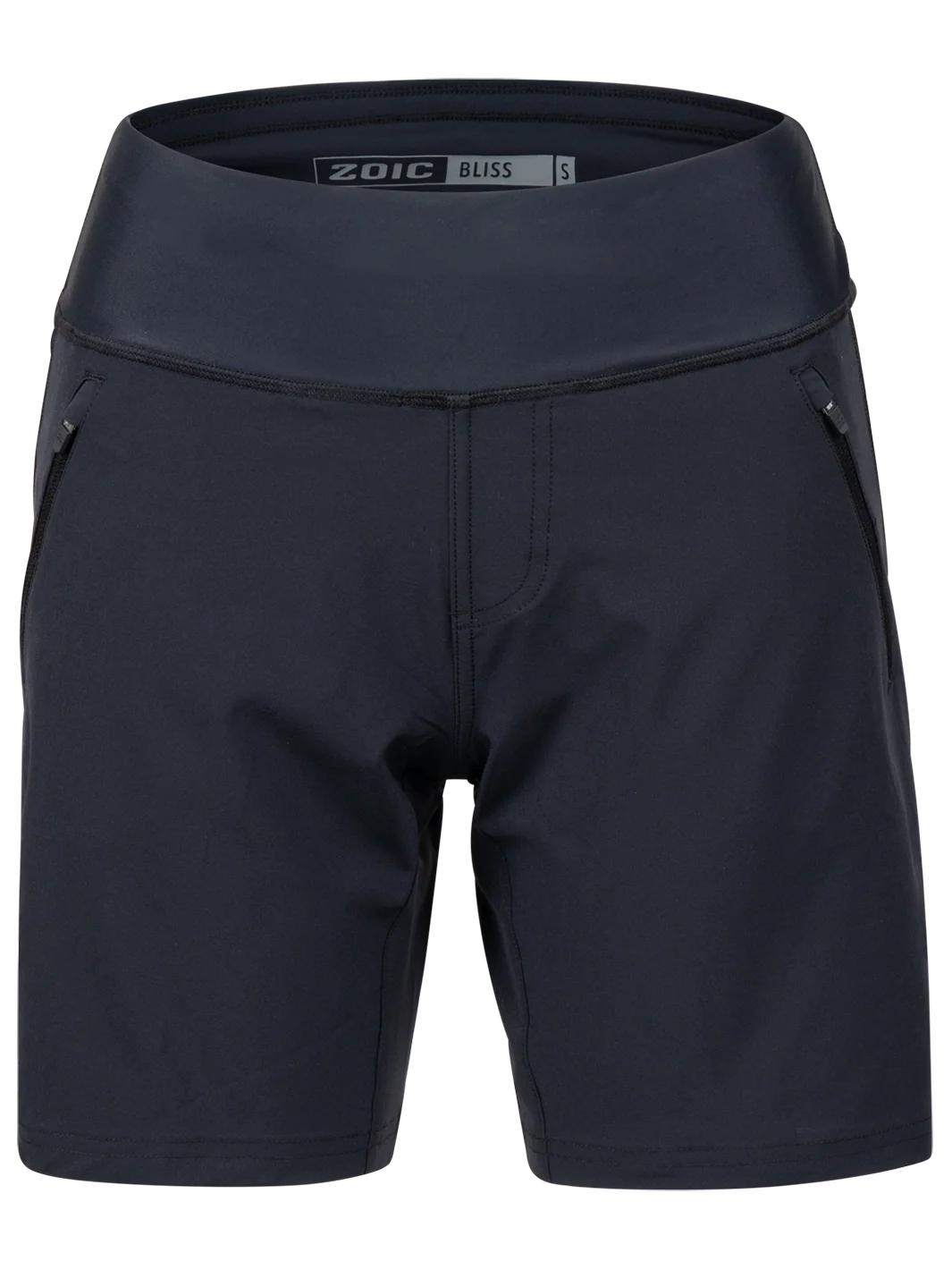 Black athletic shorts with a visible brand logo on a white background