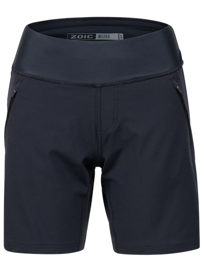 Black athletic shorts with a visible brand logo on a white background