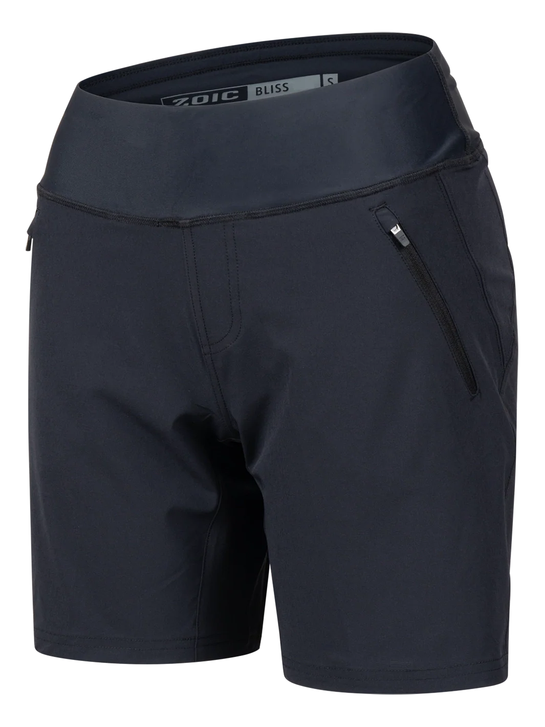 Black athletic shorts with a visible brand logo on a white background