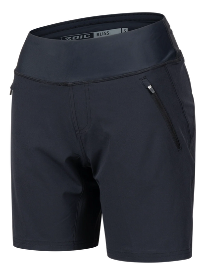 Black athletic shorts with a visible brand logo on a white background