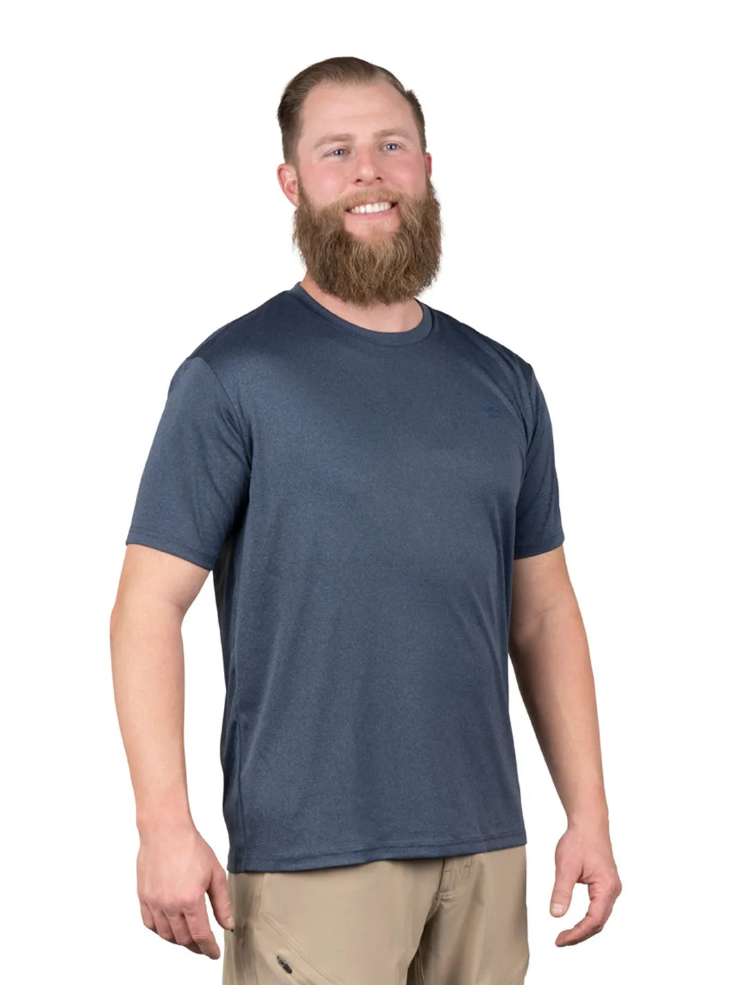 Man wearing a blue t-shirt on a white background