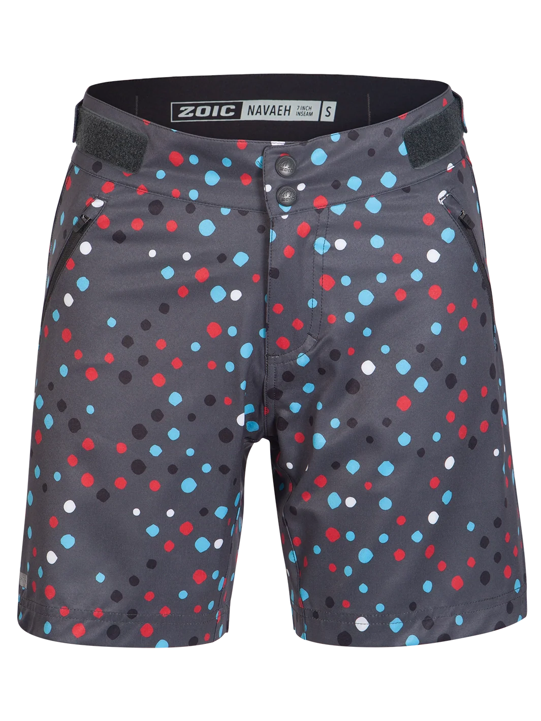 Polka dot shorts with a visible brand label on a white background