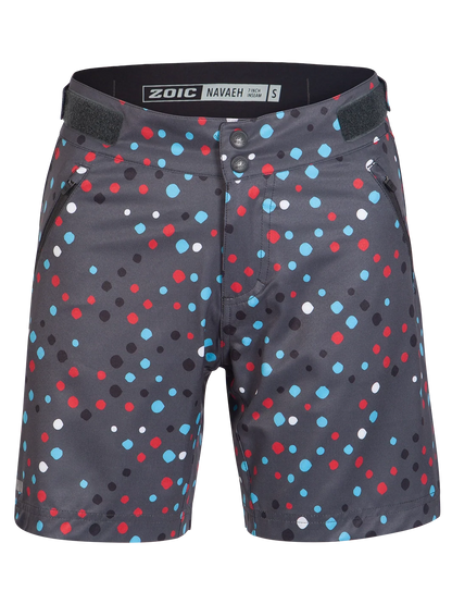 Polka dot shorts with a visible brand label on a white background