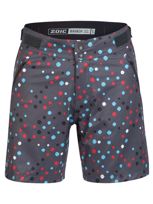 Polka dot shorts with a visible brand label on a white background