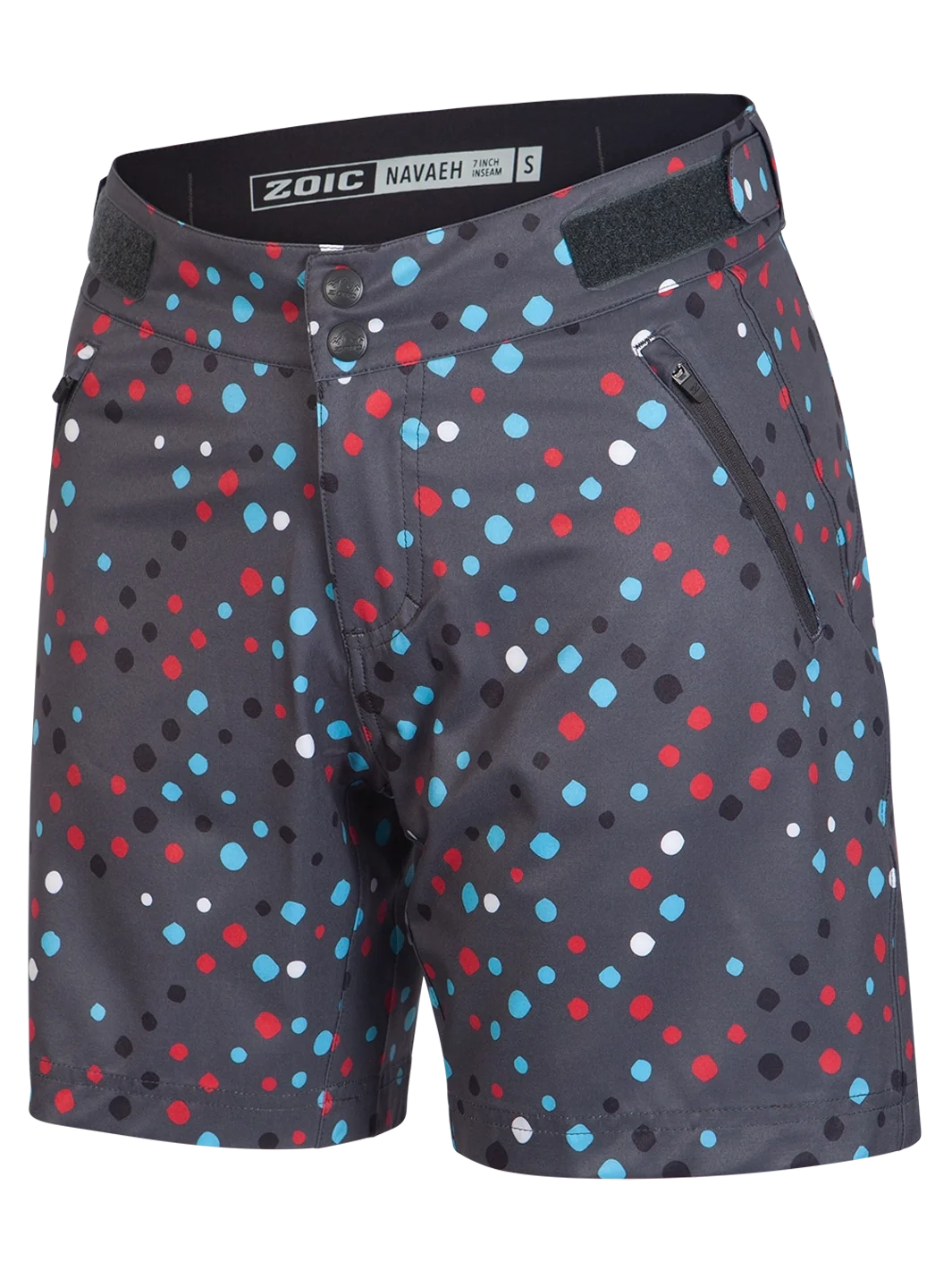 Shorts with a colorful polka dot pattern on a gray background, featuring the brand 'Zoic'.