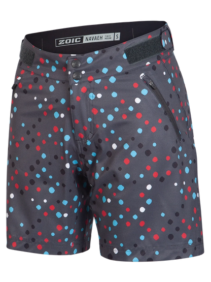 Shorts with a colorful polka dot pattern on a gray background, featuring the brand 'Zoic'.