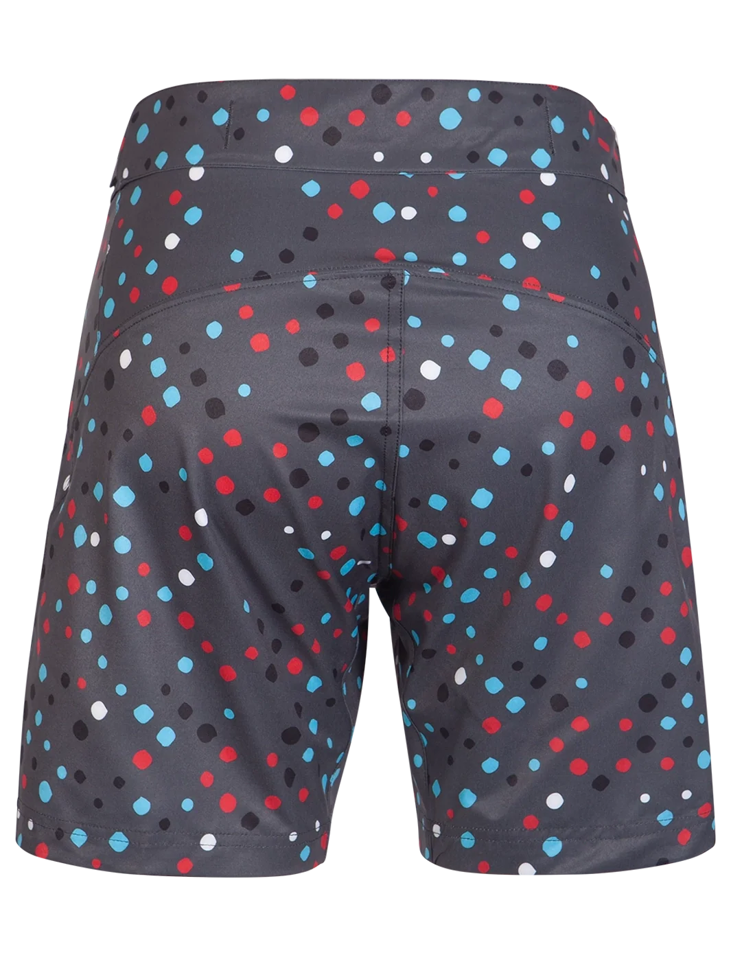 Black shorts with colorful polka dot pattern on a white background