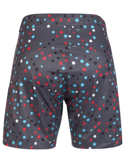 Black shorts with colorful polka dot pattern on a white background