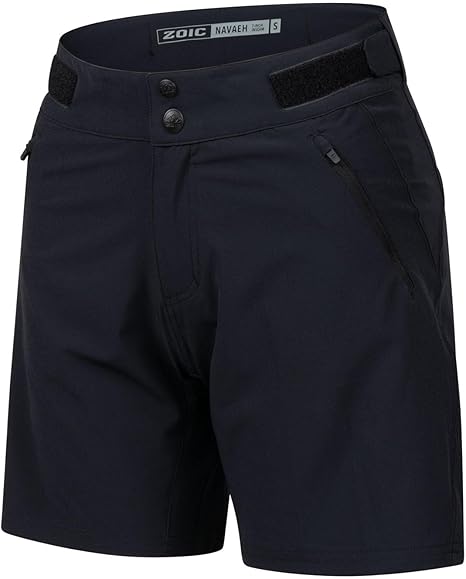 Black shorts with buttons and a brand label on a white background