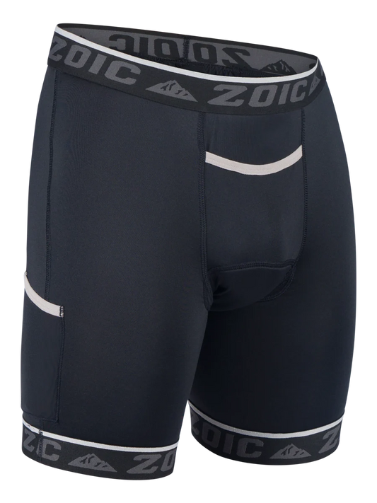Black athletic shorts with white accents and 'Zoic' branding on a white background