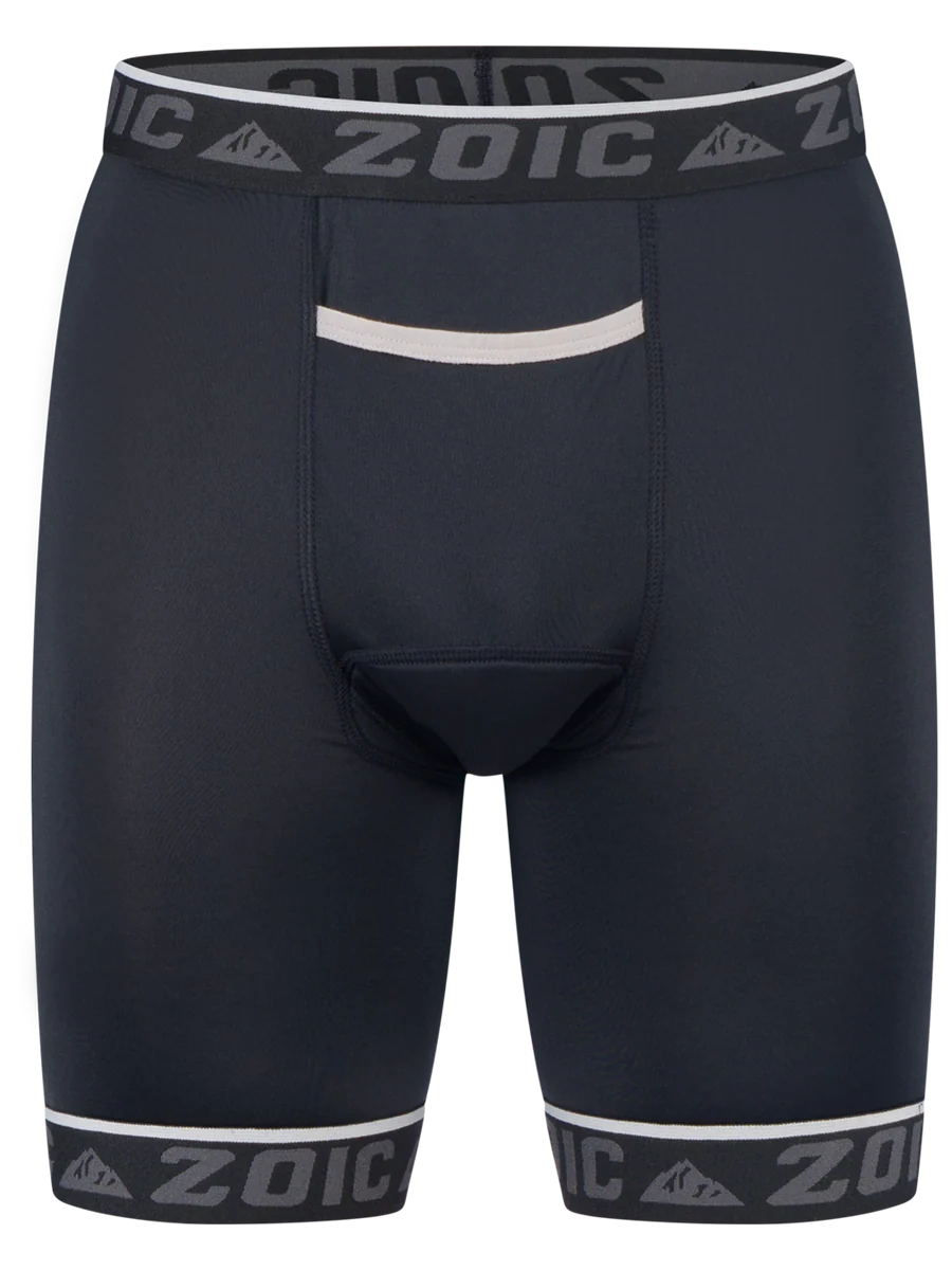 Navy athletic shorts with white accents and 'ZOIC' branding on a plain background