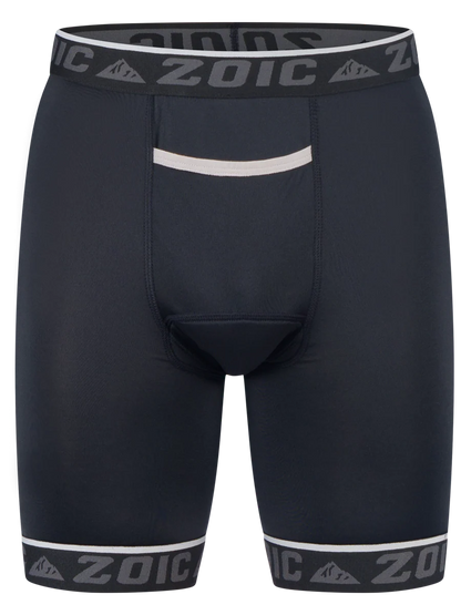 Navy athletic shorts with white accents and 'ZOIC' branding on a plain background