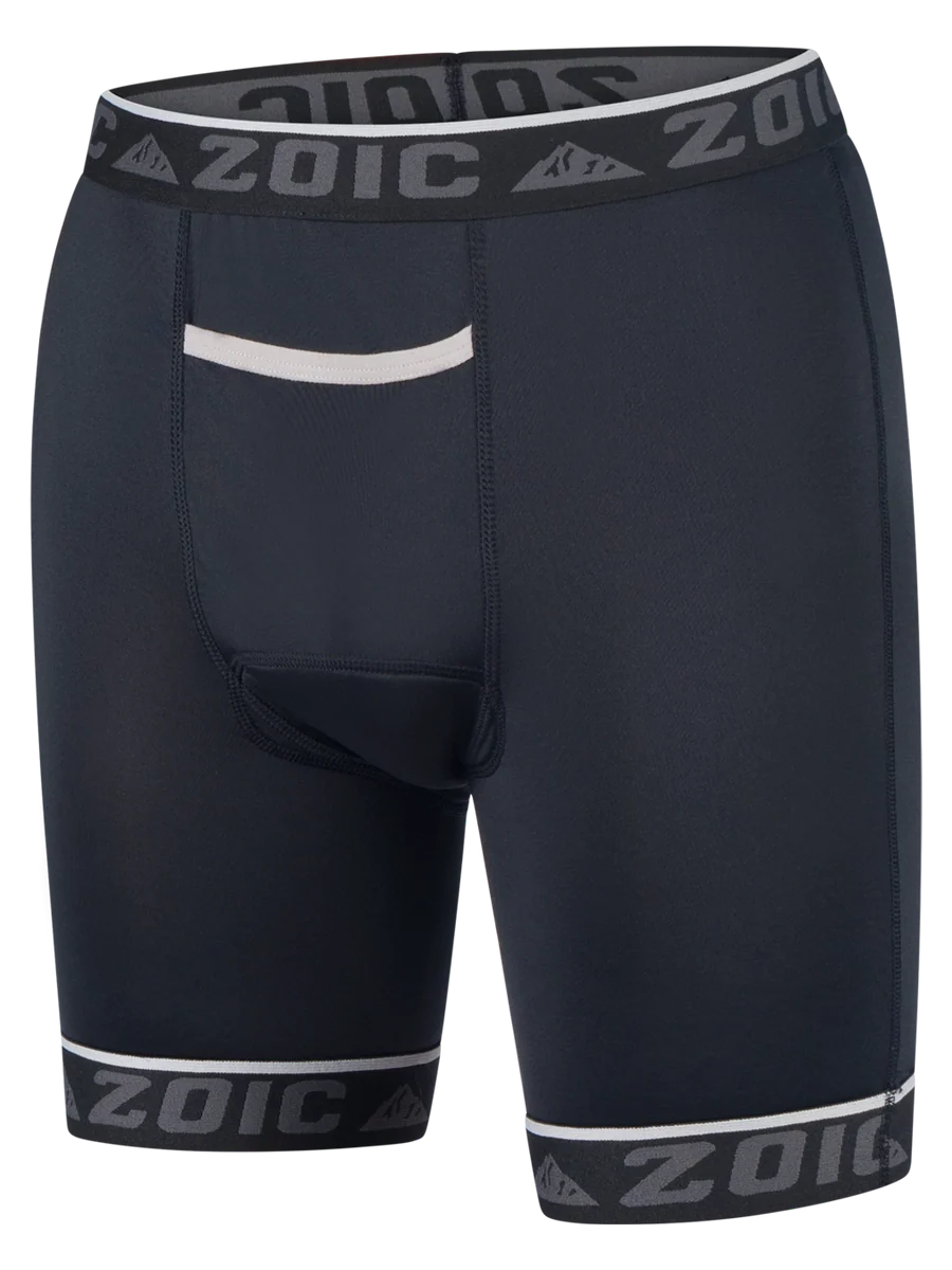 Black athletic shorts with 'Zoic' branding on a white background